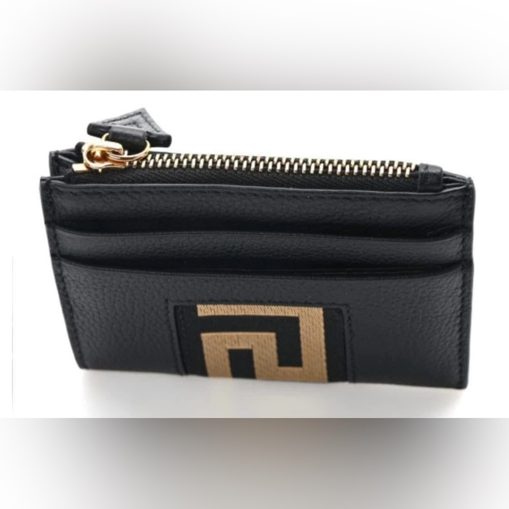Versace Grained Calfskin Ribbon Greca Zip Card Holder Black Gold - Picture 5 of 8